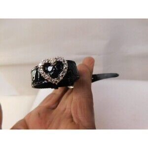 Crystal Heart Leather Bracelet 9" L w/Silver Belt Loop  Buckle Costume Jewelry